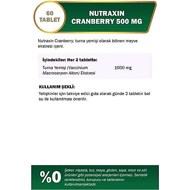 Nutraxin Cranberry 500 mg Takviye Edici Gıda 60 Tablet - 4